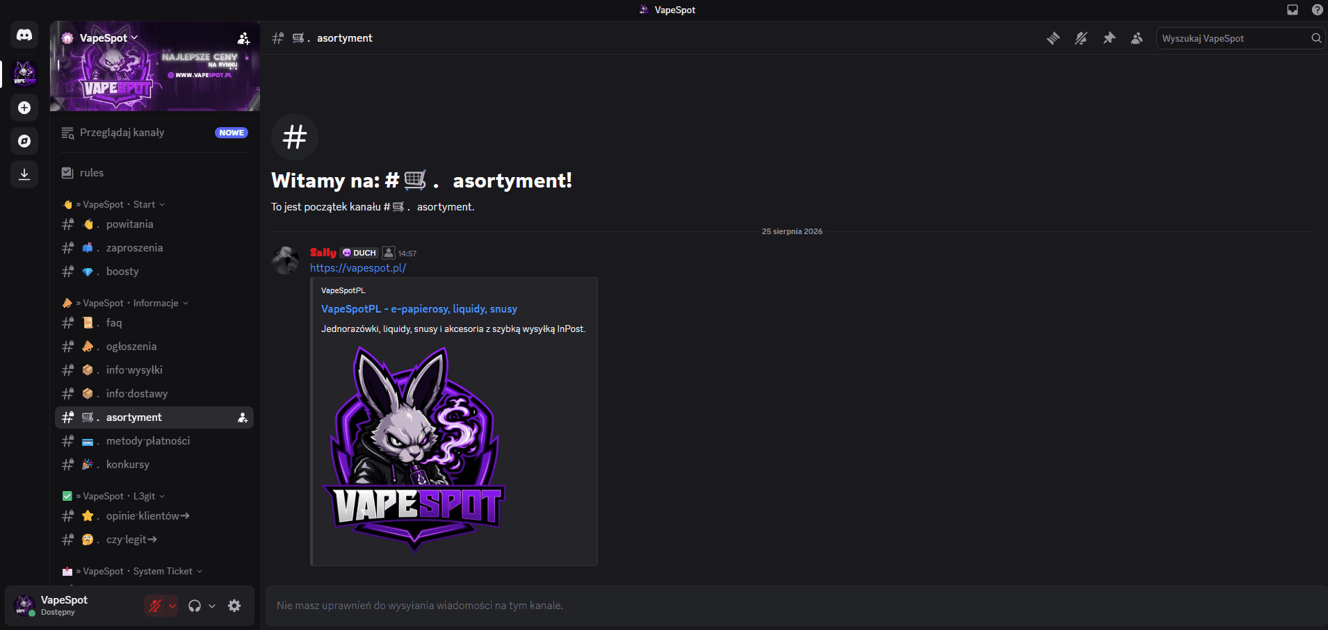 Kanał asortyment na serwerze Discord vapespot.pl